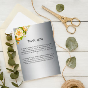 Carte De Remerciements Mariage de roses argentées et jaunes
