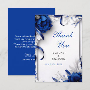Carte De Remerciements Mariage de rubans bleu et argent de la marine chic