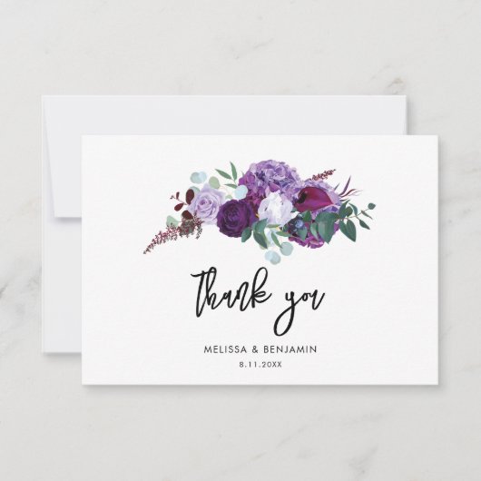 Carte De Remerciements Mariage de script d'aquarelle florale violet (Devant)