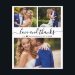 Carte de remerciements Mariage de script de Collag<br><div class="desc">Budget, Moderne, Minimaliste, Élégant, Lettré à la main "Amour et merci" Script Photo Collage Mariage Merci personnalisé abordable petit budget carte mince peu cher. Modèle minimaliste mariage avec trois (3) photos à l'avant et une (1) photo à l'arrière. Avec le texte "Amour et merci" dans une tourbillonnant typographie lettrée swash...</div>