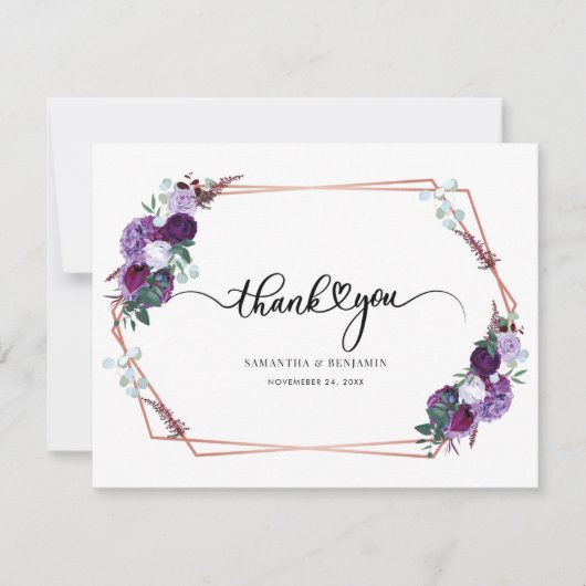 Carte De Remerciements Mariage de script floral pourpre (Devant)