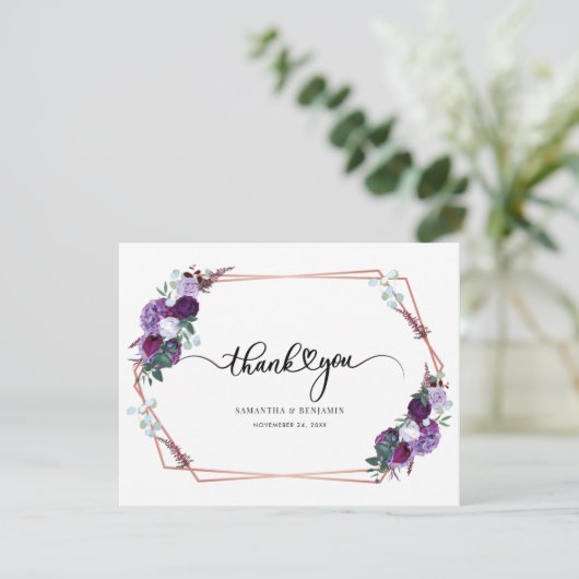 Carte De Remerciements Mariage de script floral pourpre (Debout devant)