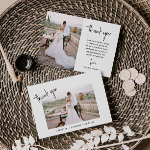 Carte De Remerciements Mariage de script moderne minimaliste à 2 photos