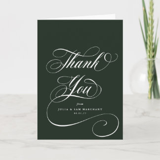 Carte De Remerciements Mariage de script noir élégant et vert foncé