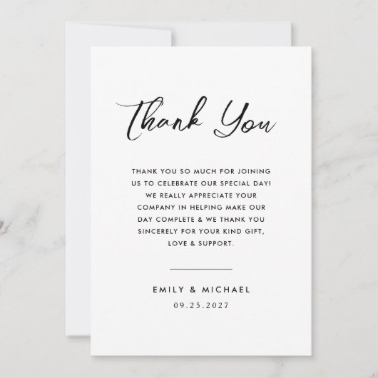 Carte De Remerciements Mariage de script noir et blanc simple (Devant)