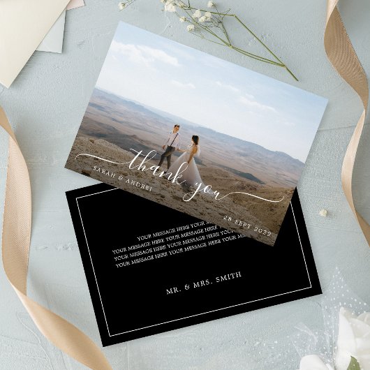 Carte De Remerciements Mariage de script photo simple Black Modern