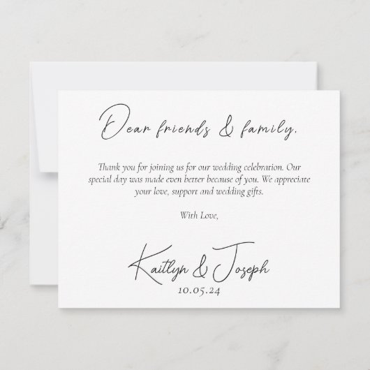 Carte De Remerciements Mariage de script simple en noir blanc minimal (Dos)