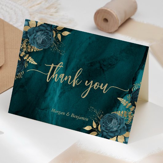 Carte De Remerciements Mariage de script turquoise Gold Floral