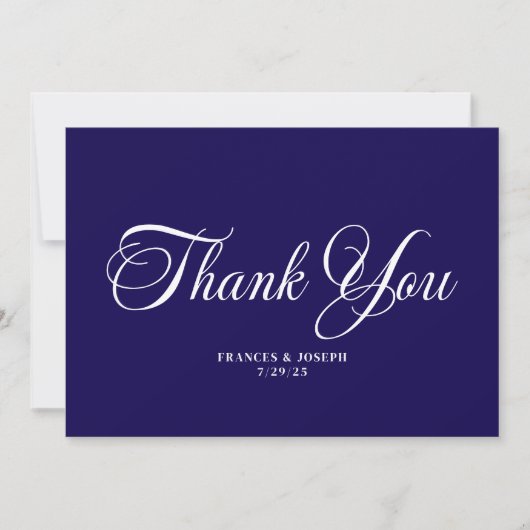 Carte De Remerciements Mariage de style formel bleu foncé beau script (Devant)