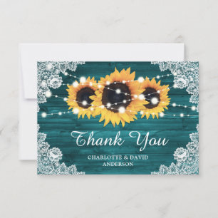 Carte De Remerciements Mariage de tournesol en bois rustique turquoise