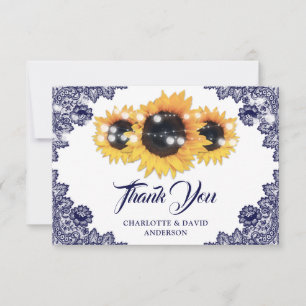 Carte De Remerciements Mariage de tournesol en dentelle rustique bleu mar