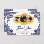 Carte De Remerciements Mariage de tournesol en dentelle rustique bleu mar (Devant / Derrière)