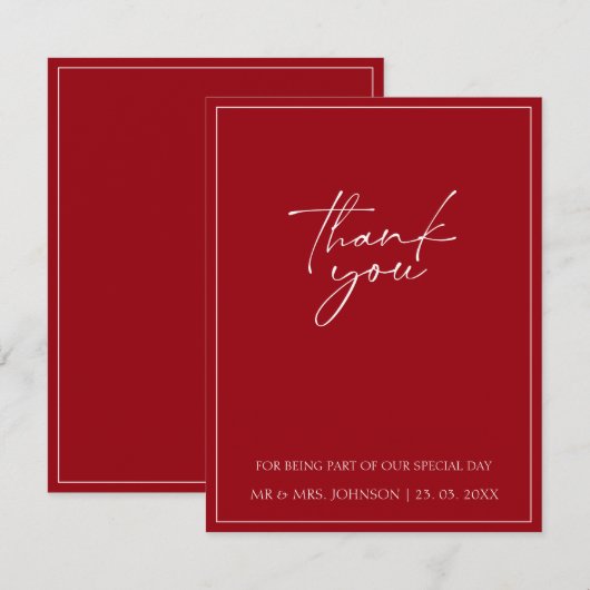 Carte De Remerciements Mariage de typographie rouge Crimson minimal (Devant / Derrière)