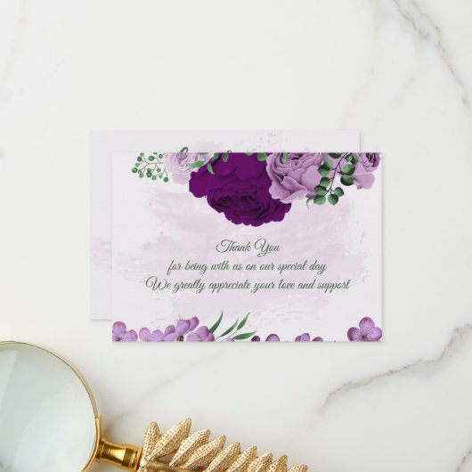 Carte De Remerciements Mariage de verdure aux fleurs violettes (Devant/Arrière en situation)