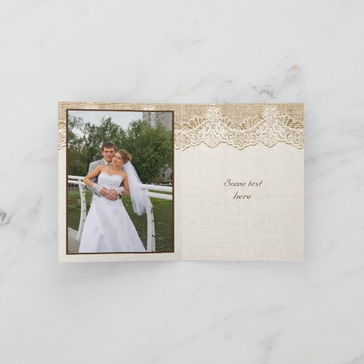 Carte De Remerciements Mariage dentelle blanche & cœur sur toile de jute (Intérieur)