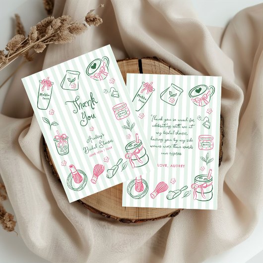 Carte De Remerciements Mariage Dessiné à la Main Thème Matcha Vert