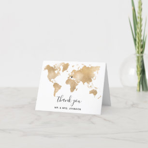 Carte De Remerciements Mariage Destination World Map Gold Removable Heart