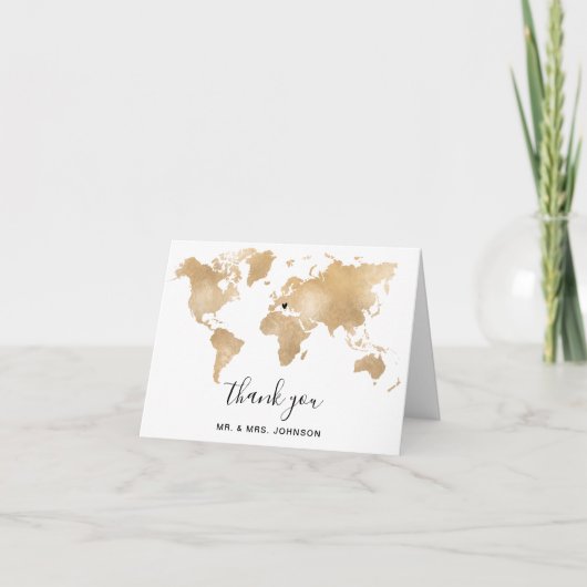 Carte De Remerciements Mariage Destination World Map Gold Removable Heart (Devant)