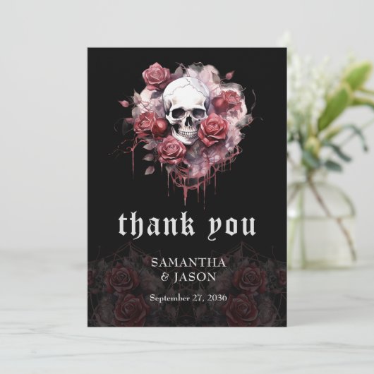 Carte De Remerciements Mariage d'Halloween Fleur Gothique Sombre Crâne Hu (Debout devant)