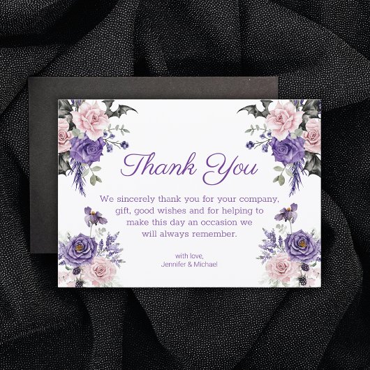 Carte De Remerciements mariage d'halloween gothique fleuri violet rose