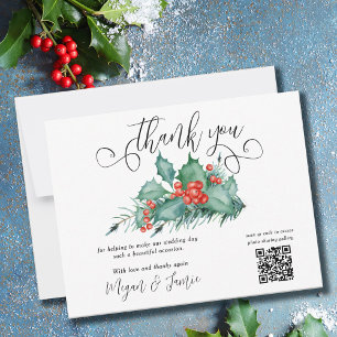 Carte De Remerciements Mariage d'hiver Holly Berries et Pine