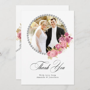 Carte De Remerciements Mariage diamant floral rose et or