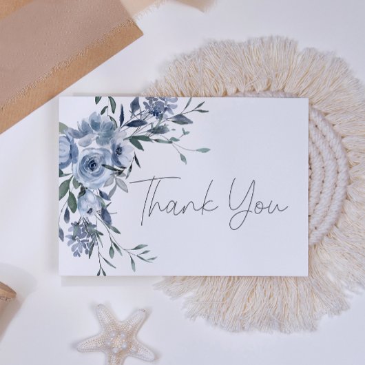 Carte De Remerciements Mariage écriture Fleurs Roses Bleu Poussiéreux