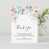 Carte De Remerciements Mariage élégant à la bordure florale rose et verte (Debout devant)