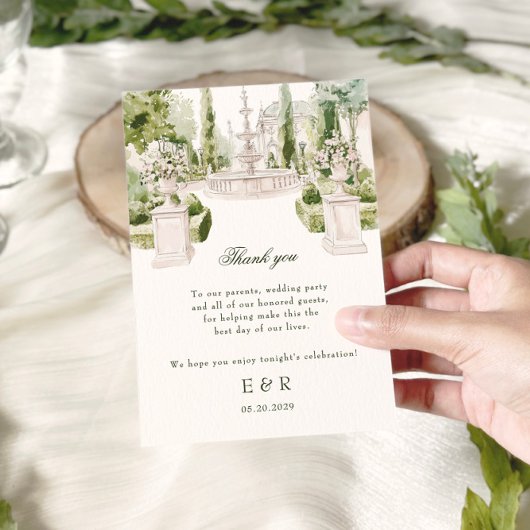 Carte De Remerciements Mariage élégant au manoir avec jardin à l'aquarell