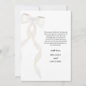 Carte De Remerciements Mariage élégant au ruban blanc à la bow (Dos)