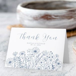 Carte De Remerciements Mariage Élégant Bohème Fleur des Champs Bleu Pouss