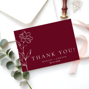 Carte De Remerciements Mariage Élégant Chic Fleurs Esquisées Bourgogne