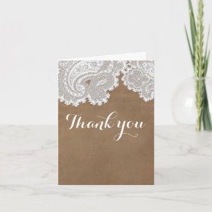 Carte De Remerciements Mariage Élégant Chic Rustique Brun & Dentelle Blan