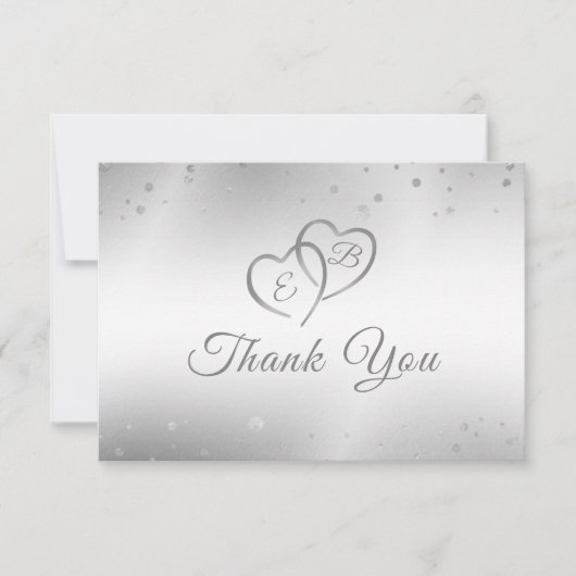Carte De Remerciements Mariage Elégant Faux Coeurs Argent Confetti Script (Devant)