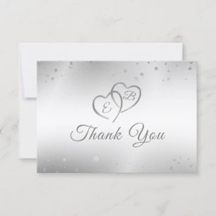 Carte De Remerciements Mariage Elégant Faux Coeurs Argent Confetti Script