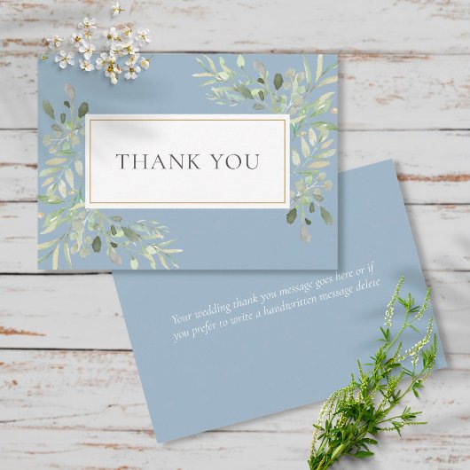 Carte De Remerciements Mariage Élégant Feuilles de Verdure Bleu Poussiére