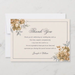 Carte De Remerciements Mariage Élégant Fleurs Rustiques Or