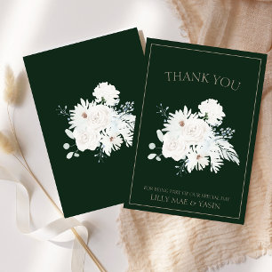 Carte De Remerciements Mariage Élégant Floral Vert et Blanc d'Hiver
