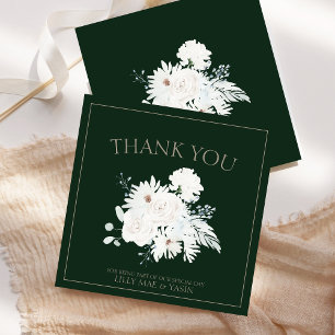 Carte De Remerciements Mariage Élégant Floral Vert et Blanc d'Hiver