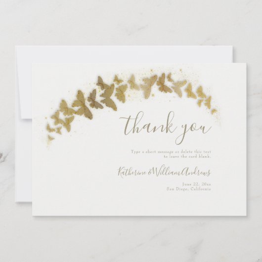 Carte De Remerciements Mariage Élégant Formel Classique Papillons en Or (Devant)