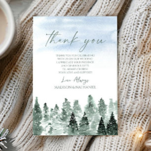 Carte De Remerciements Mariage Élégant Hiver Neige Pins Verts