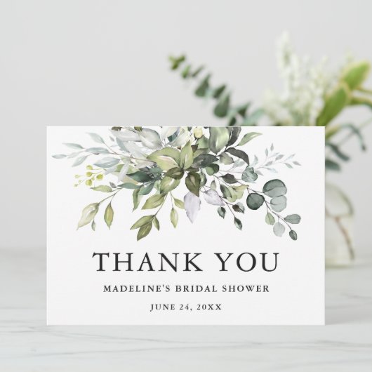 Carte De Remerciements Mariage élégant moderne à l'aquarelle avec verdure (Debout devant)