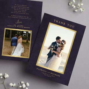 Carte De Remerciements Mariage élégant photo or violet foncé