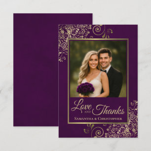 Carte De Remerciements Mariage Élégant prune pourpre & Or Amour & Remerci