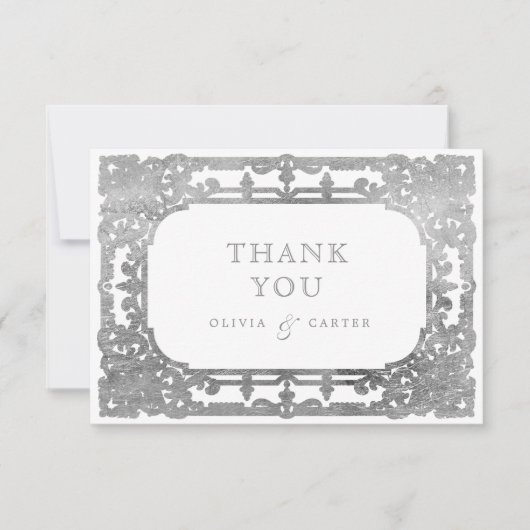 Carte De Remerciements Mariage élégant romantique orné d'argent (Devant)