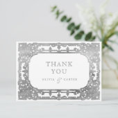 Carte De Remerciements Mariage élégant romantique orné d'argent (Debout devant)