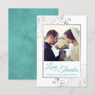 Carte De Remerciements Mariage élégant Silver Frills & Aqua Love & Thanks