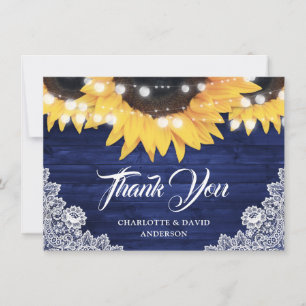 Carte De Remerciements Mariage Élégant Tournesol Bleu Marine Bois Dentell
