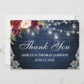 Carte De Remerciements Mariage en bois bleu rustique Floral Jar Lumières  (Devant)