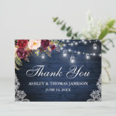 Carte De Remerciements Mariage en bois bleu rustique Floral Jar Lumières  (Debout devant)